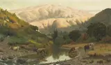 Thaddeus Welch, Cattle Crossing a Stream, oil on canvas laid down