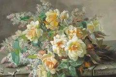 Raoul de Longpre, A Still Life with Roses and Lilacs on a Ledge, gouache on paper board