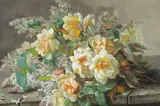 Raoul de Longpre, A Still Life with Roses and Lilacs on a Ledge, gouache on paper board