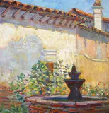 Donna N. Schuster, Mission Courtyard, oil on board