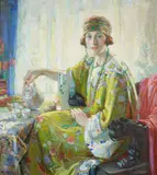 Christian von Schneidau, Five O'clock Tea (A Portrait of Mrs. Elwood Riggs), oil on canvas