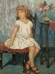A Portrait of a Young Girl Seated on a Red Chair by Elliot Bouton Torrey, oil on canvas, sold Apr 2005