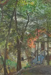 Karl Yens, A Blue Footbridge to a Cabin in the Woods, 1910, oil on board laid down