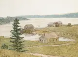 Elliot Bouton Torrey, Fishing Shacks Along the Coast, oil on canvas