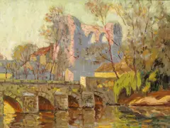 Elliot Torrey, A Bridge Across a River, oil on canvas