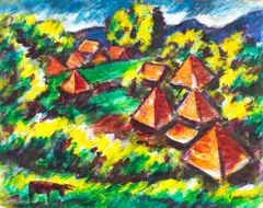 Dan Lutz, Mexican Farm Houses, acrylic and watercolor on paper