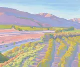 Raymond Cuevas, Sunset, Sespe Creek with Grove and Tumbleweeds, oil on canvas