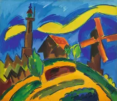 Karl Schmidt-Rottluff, Landschaft mit Leuchtturm und Windmühle, 1920, Öl auf Leinwand