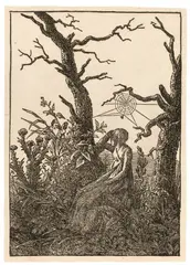 Caspar David Friedrich, Die Frau mit dem Spinnennetz zwischen kahlen Bäumen (Melancholie), Holzschnitt auf Papier