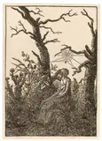 Caspar David Friedrich, Die Frau mit dem Spinnennetz zwischen kahlen Bäumen (Melancholie), Holzschnitt auf Papier