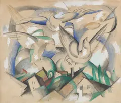 Franz Marc, Vögel über dem Dorf, 1913, Aquarell und Deckweiß auf bräunlichem Büttenpapier, auf Karton aufgezogen