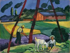 August Macke, Landschaft mit Bauer, Junge und Ziege, 1914, Öl auf Leinwand