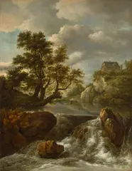 Jacob van Ruisdael, Wasserfall mit einem Fachwerkhaus auf felsiger Anhöhe, Um 1665, Öl auf Leinwand
