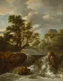 Jacob van Ruisdael, Wasserfall mit einem Fachwerkhaus auf felsiger Anhöhe, Um 1665, Öl auf Leinwand
