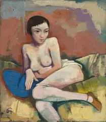 Karl Hofer, Sitzender Akt mit blauem Kissen, 1927, Öl auf Leinwand