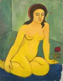 August Macke, Nacktes Mädchen mit roter Blume (Gelber Akt), 1911, Öl auf Leinwand, auf Pappe aufgezogen