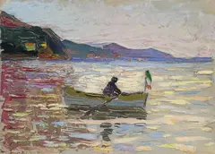 Wassily Kandinsky, Rapallo – Boot im Meer, 1906, Öl auf Malpappe