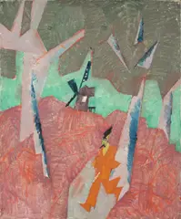 Lyonel Feininger, Der junge Mann aus dem Dorfe (Mühle mit rotem Mann), Um 1916, Öl auf Leinwand