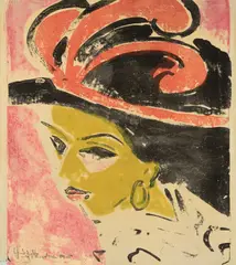 Ernst Ludwig Kirchner, Kokottenkopf in Federhut, 1909, Farblithographie auf festem Velin