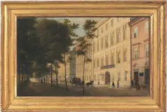 Eduard Gaertner, Blick in die Straße Unter den Linden, Ecke Charlottenstraße, mit dem Hôtel de St. Petersbourg, 1843, Öl auf Leinwand. Doubliert