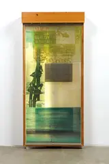 Robert Rauschenberg, Sling-Shots Lit #1, 1985, 12-color lithograph and assemblage with a sailcloth, Mylar, a wooden lightbox, a fluorescent light fixture, aluminum, a moveable window shade system, and Plexiglas bars