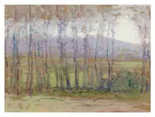 Jane Peterson, Misty Morning, Giverny, France, Watercolor on tan wove paper