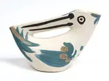 Seized handled pitcher by Pablo Picasso, 1953, Turned pitcher of white earthenware clay, decoration in engobes, glaze inside, sold Jan 2021