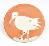 Bird no. 86 by Pablo Picasso, 1963, Round plate of white earthenware clay, decoration in engobe and enamel under partial brushed glaze, pink patina, sold Jan 2021
