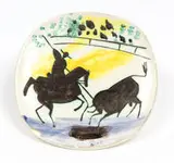 Pablo Picasso, Picador and Bull, 1953, Round/square plate of white earthenware clay, engraving covered with oxidized paraffin, highlights with oxides under glaze