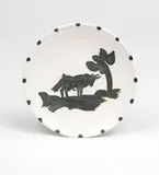 Bull under the tree by Pablo Picasso, 1952, Turned round plate of white earthenware clay, oxidized paraffin decoration, white enamel, sold Oct 2020
