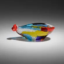 Bowl by Murano, internally decorated polychrome patchwork glass with copper inclusions, sold Jun 2024