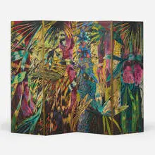 Screen by Frank Hyder, c. 1988, laminated, carved and polychromed wood, sold Jun 2024