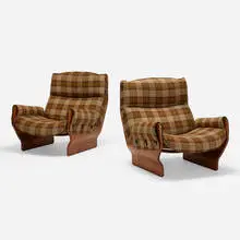 Canada lounge chairs, pair by Osvaldo Borsani, 1965, upholstery, Italian walnut, plastic, sold Oct 2019