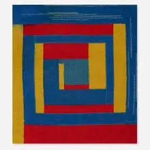 Yellow, Red, Blue by Dorothy Grebenak, 1964, hand-knotted wool, sold Oct 2019