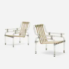 Jeff Messerschmidt, lounge chairs from the 1000 Pipe Line Series, pair, 1974 / 1984, Lucite, aluminum, leather, linen over wood