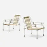 Jeff Messerschmidt, lounge chairs from the 1000 Pipe Line Series, pair, 1974 / 1984, Lucite, aluminum, leather, linen over wood