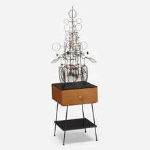 Flying Machine by Joseph Burlini, 1971, steel, enameled steel, walnut, acrylic, electric motor, sold Oct 2019