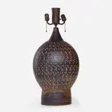 table lamp by Peter Voulkos, c. 1955, glazed stoneware, metal, sold Oct 2019