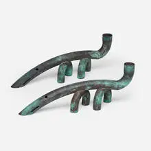 Anteater candlesticks, pair by Jonathan Bonner, c. 1985, patinated copper pipes, sold Oct 2019