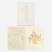 collection of three works by Yun-Fei Ji, pencil, colored pencil and watercolor on paper, sold Oct 2019
