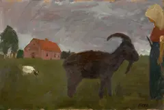 Paula Modersohn-Becker, Bäuerin mit zwei Ziegen vor Gehöft, Um 1902, Tempera auf Pappe auf Holz