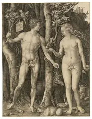 Albrecht Dürer, Adam und Eva, 1504, Kupferstich auf Bütten (Wasserzeichen: Ochsenkopf (Meder 62))