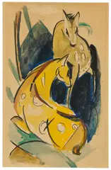 Franz Marc, Rotes und gelbes Reh, 1913, Aquarell, Deckfarbe und Tuschpinsel auf festem Papier (Postkarte an Erich Heckel)
