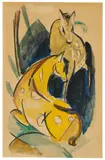 Franz Marc, Zwei gelbe Tiere (Zwei gelbe Rehe), 1913, Aquarell und Tusche auf festem Papier (Postkarte an Erich Heckel)