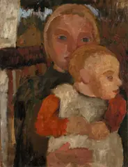 Paula Modersohn-Becker, Auf einem Stuhl sitzendes Mädchen mit Kind auf dem Schoß vor Landschaft, Um 1904, Öl auf Karton auf Holz