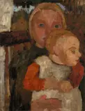 Paula Modersohn-Becker, Auf einem Stuhl sitzendes Mädchen mit Kind auf dem Schoß vor Landschaft, Um 1904, Öl auf Karton auf Holz