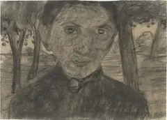 Paula Modersohn-Becker, Selbstbildnis mit Landschaft vor Bäumen, 1903, Kohle auf Papier. Auf Karton aufgezogen