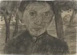 Paula Modersohn-Becker, Selbstbildnis mit Landschaft vor Bäumen, 1903, Kohle auf Papier. Auf Karton aufgezogen