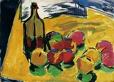 Karl Schmidt-Rottluff, Stilleben mit Äpfeln und Flasche, Um 1909, Öl auf Malpappe