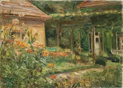 Max Liebermann, Blumenstauden am Gärtnerhäuschen nach Nordosten“. 1929 (?), Öl auf Leinwand